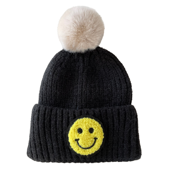 Black Pom Smiley Kids Knit Winter Hat