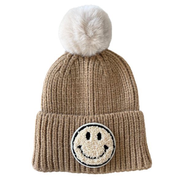 Tan Pom Smiley Kids Knit Winter Hat