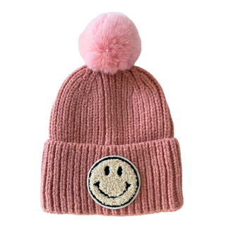 Pink Pom Smiley Kids Knit Winter Hat