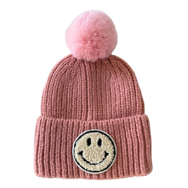 Pink Pom Smiley Kids Knit Winter Hat